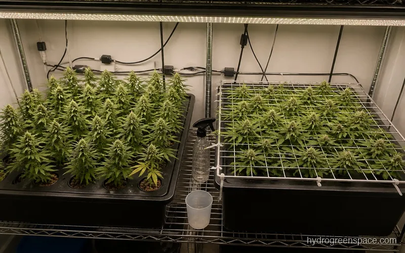 Side-by-side comparison of a SOG setup with many small uniform plants versus a SCROG screen with fewer heavily trained plants underneath a net