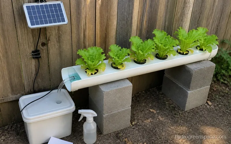 A small monocrystalline solar panel mounted on a wooden fence next to an outdoor NFT channel with lettuce growing