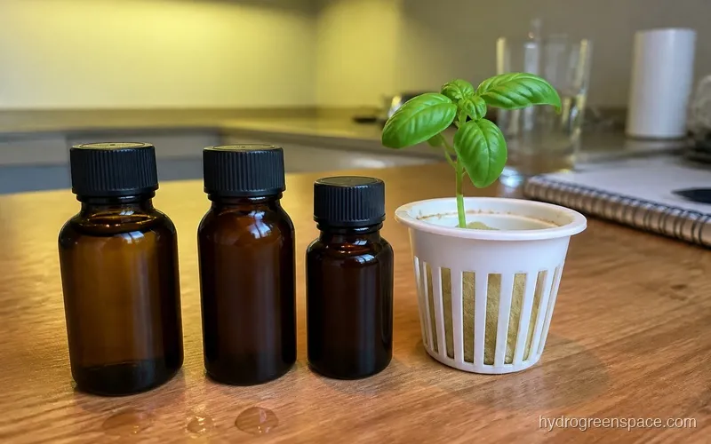 Three hydroponic nutrient bottles with different NPK ratios displayed