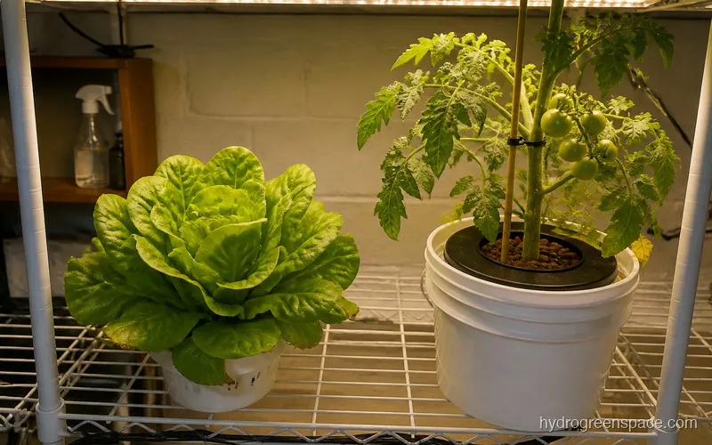 Leafy green lettuce plant versus a fruiting tomato plant at different growth stages