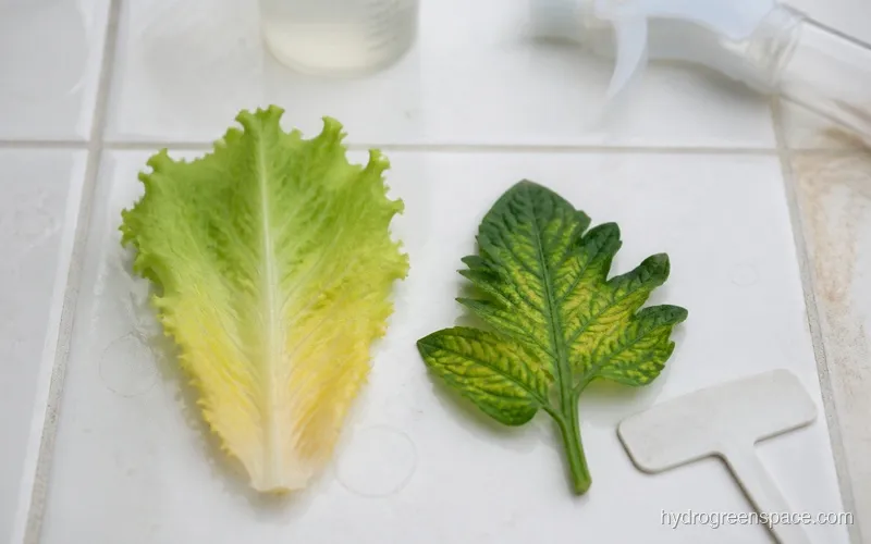 Two detached plant leaves showing nitrogen deficiency yellowing versus interveinal chlorosis from phosphorus excess
