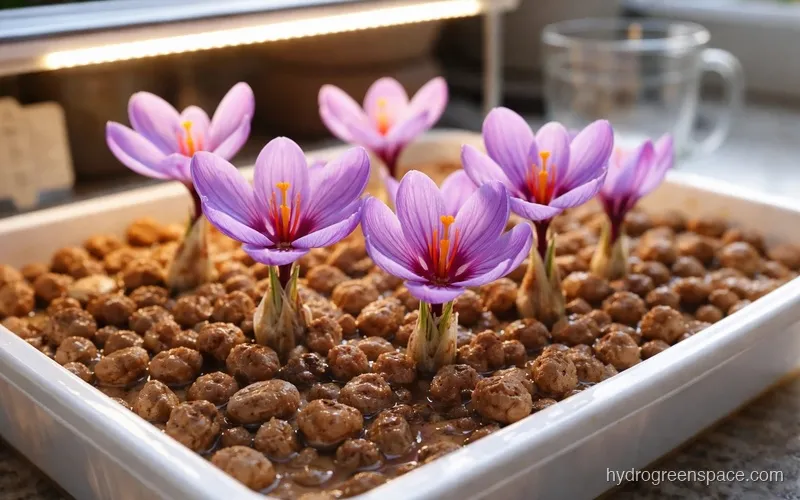 Saffron crocus corms planted in clay pebbles inside a shallow hydroponic tray with a grow light overhead