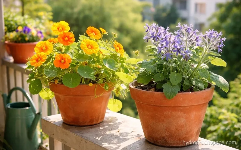Nasturtium and borage plants growing in terracotta pots on a sunlit balcony with visible flowers