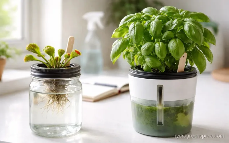 Side-by-side comparison of a Venus fly trap in a low-nutrient Kratky jar next to a basil plant in a standard nutrient reservoir, showing different water colors