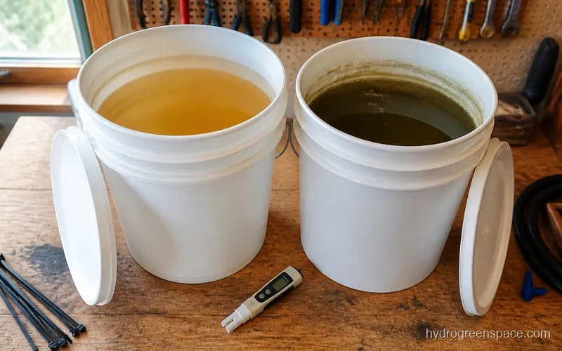 Two side-by-side reservoir containers, one with clear clean nutrient solution and one with murky discolored solution